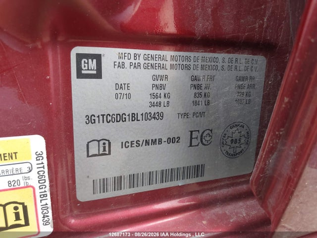 2011 Chevrolet Aveo Lt მანქანა იყიდება აუქციონზე, vin: 3G1TC6DG1BL103439, აუქციონის ნომერი: 12687173