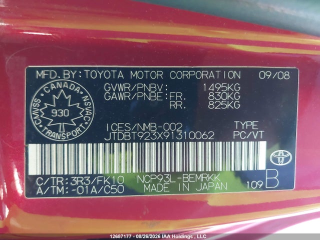 Aukcja sprzedaży 2009 Toyota Yaris, vin: JTDBT923X91310062, numer aukcji: 12687177