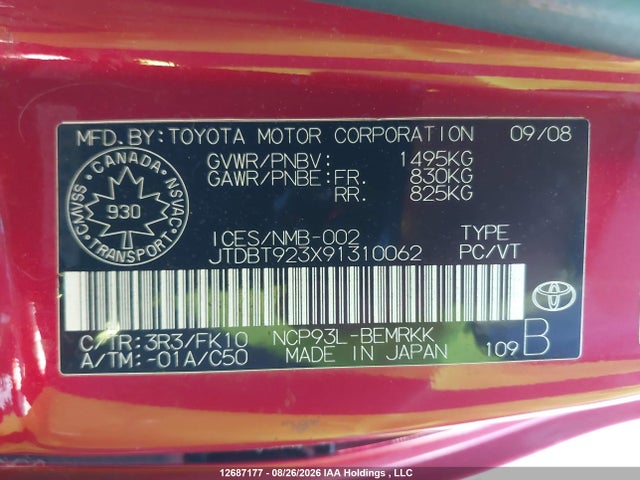 Aukcja sprzedaży 2009 Toyota Yaris, vin: JTDBT923X91310062, numer aukcji: 12687177