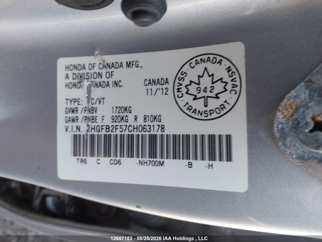 Auction sale of the 2012 Honda Civic Lx, vin: 2HGFB2F57CH063178, lot number: 12687183