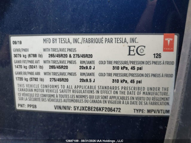 Продаж на аукціоні авто 2019 Tesla Model X, vin: 5YJXCBE26KF206472, номер лоту: 12687189