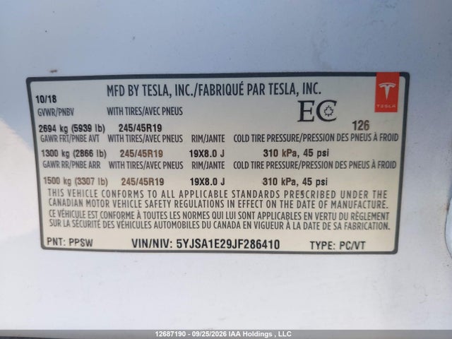 Aukcja sprzedaży 2018 Tesla Model S, vin: 5YJSA1E29JF286410, numer aukcji: 12687190