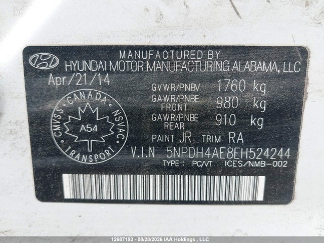 2014 Hyundai Elantra Se/sport/limited მანქანა იყიდება აუქციონზე, vin: 5NPDH4AE8EH524244, აუქციონის ნომერი: 12687193