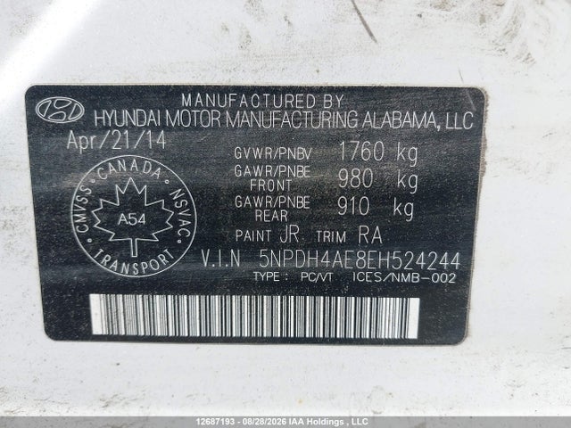 2014 Hyundai Elantra Se/sport/limited მანქანა იყიდება აუქციონზე, vin: 5NPDH4AE8EH524244, აუქციონის ნომერი: 12687193