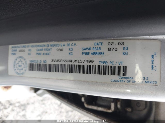 2003 Volkswagen Jetta Gls Tdi მანქანა იყიდება აუქციონზე, vin: 3VWSP69M43M137499, აუქციონის ნომერი: 12687198