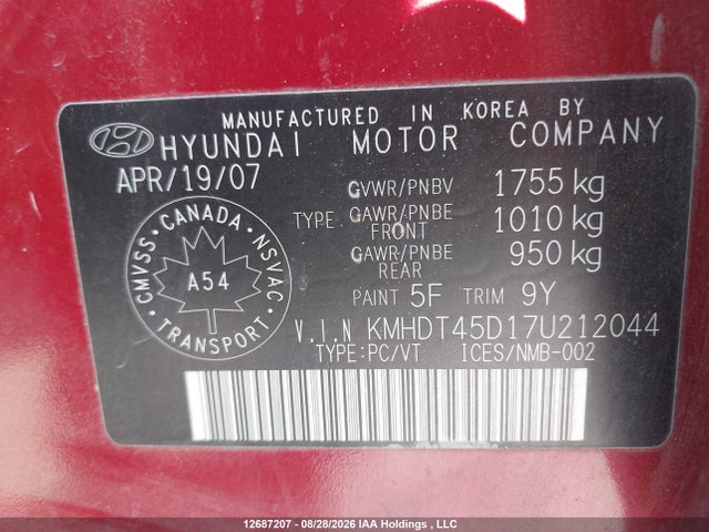 Auction sale of the 2007 Hyundai Elantra Gl, vin: KMHDT45D17U212044, lot number: 12687207