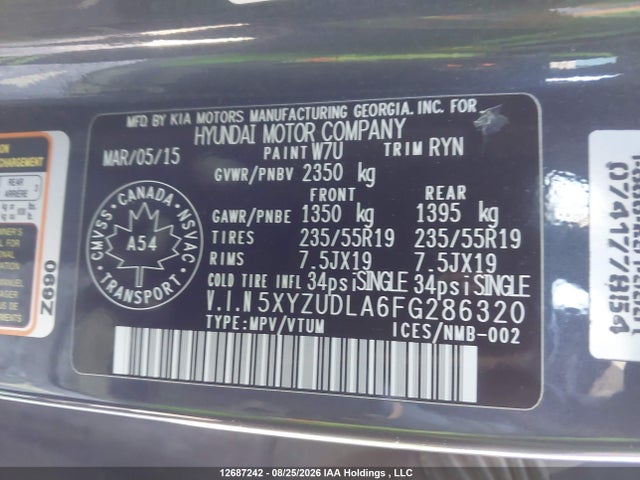12687242 :رقم المزاد ، 5XYZUDLA6FG286320 vin ، 2015 Hyundai Santa Fe Sport 2.0t Se مزاد بيع