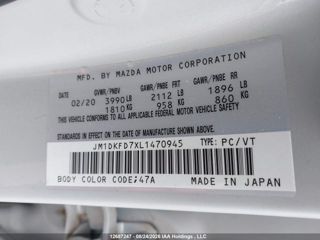 Aukcja sprzedaży 2020 Mazda Cx-3 Gt, vin: JM1DKFD7XL1470945, numer aukcji: 12687247
