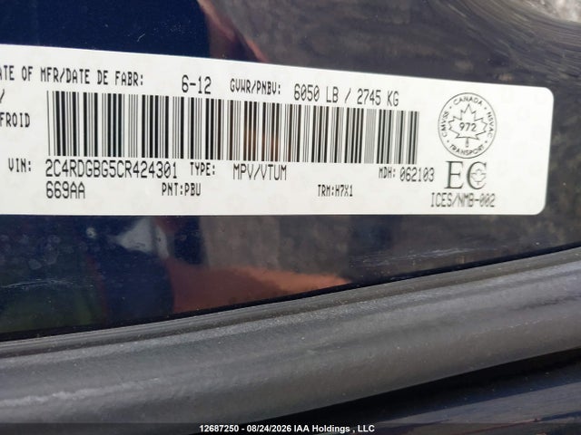 Продаж на аукціоні авто 2012 Dodge Grand Caravan Se/sxt, vin: 2C4RDGBG5CR424301, номер лоту: 12687250
