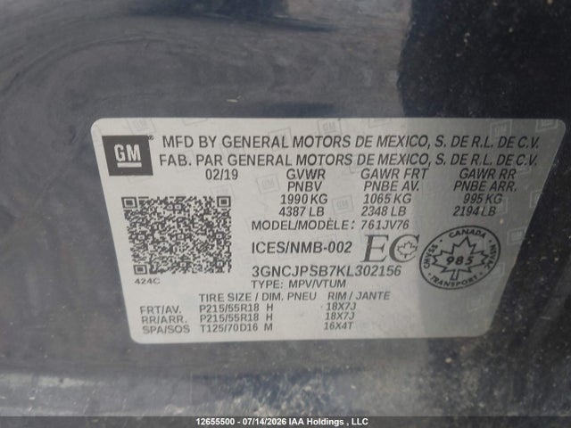 2019 Chevrolet Trax Lt მანქანა იყიდება აუქციონზე, vin: 3GNCJPSB7KL302156, აუქციონის ნომერი: 12655500
