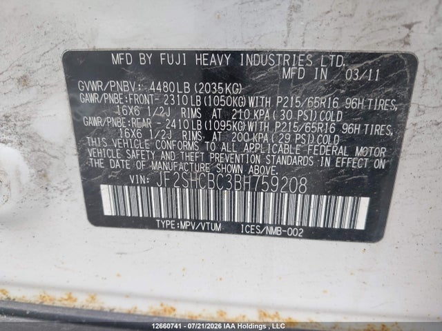 Продажа на аукционе авто 2011 Subaru Forester 2.5 X Convenience Package, vin: JF2SHCBC3BH759208, номер лота: 12660741