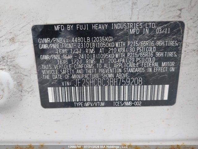 Продажа на аукционе авто 2011 Subaru Forester 2.5 X Convenience Package, vin: JF2SHCBC3BH759208, номер лота: 12660741