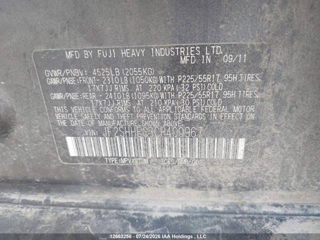 12663256 :رقم المزاد ، JF2SHHEC3CH400967 vin ، 2012 Subaru Forester 2.5xt Premium مزاد بيع