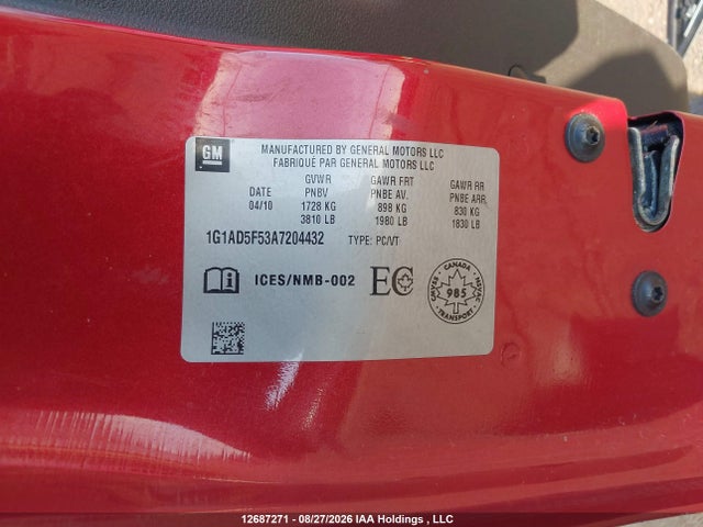 2010 Chevrolet Cobalt Lt W/1sa მანქანა იყიდება აუქციონზე, vin: 1G1AD5F53A7204432, აუქციონის ნომერი: 12687271