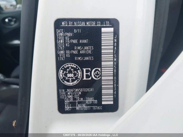 12687276 :رقم المزاد ، JN8AF5MV5BT028341 vin ، 2011 Nissan Juke S/sv/sl مزاد بيع