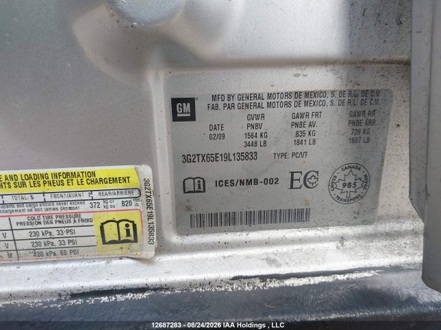 12687283 :رقم المزاد ، 3G2TX65E19L135833 vin ، 2009 Pontiac G3 Wave Se مزاد بيع