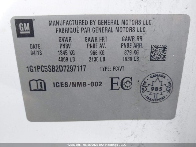2013 Chevrolet Cruze Lt Turbo მანქანა იყიდება აუქციონზე, vin: 1G1PC5SB2D7297117, აუქციონის ნომერი: 12687305