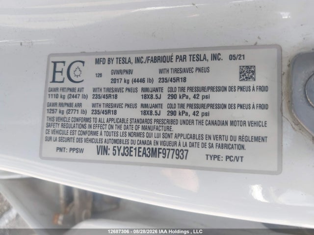2021 Tesla Model 3 Standard Range/standard Range Plus მანქანა იყიდება აუქციონზე, vin: 5YJ3E1EA3MF977937, აუქციონის ნომერი: 12687306