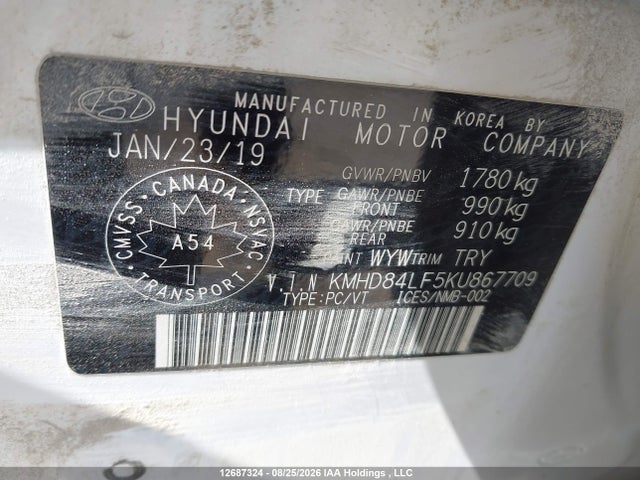 12687324 :رقم المزاد ، KMHD84LF5KU867709 vin ، 2019 Hyundai Elantra Sel/value/limited مزاد بيع