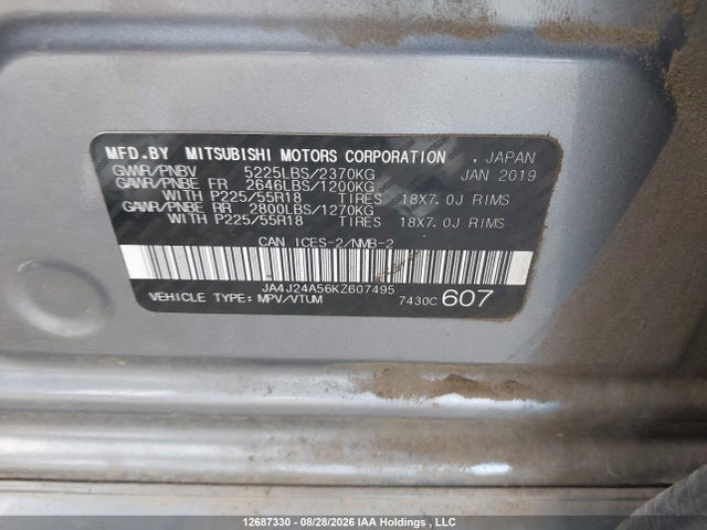 Продажа на аукционе авто 2019 Mitsubishi Outlander Sel/gt, vin: JA4J24A56KZ607495, номер лота: 12687330