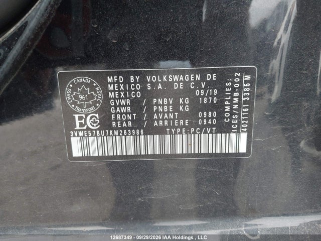 2019 Volkswagen Jetta Sel მანქანა იყიდება აუქციონზე, vin: 3VWE57BU7KM263986, აუქციონის ნომერი: 12687349