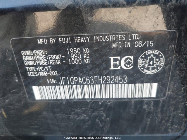 JF1GPAC63FH292453 Subaru Impreza 2.0i/2.0i Touring Package