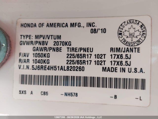 Продаж на аукціоні авто 2010 Honda Cr-v Ex, vin: 5J6RE4H51AL820260, номер лоту: 12687358