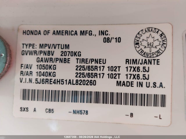 Продаж на аукціоні авто 2010 Honda Cr-v Ex, vin: 5J6RE4H51AL820260, номер лоту: 12687358