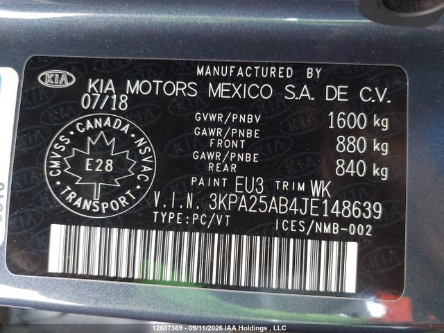 Aukcja sprzedaży 2018 Kia Rio Lx/s, vin: 3KPA25AB4JE148639, numer aukcji: 12687369