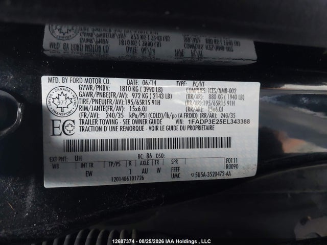 2014 Ford Focus S მანქანა იყიდება აუქციონზე, vin: 1FADP3E25EL343388, აუქციონის ნომერი: 12687374
