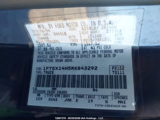 Продаж на аукціоні авто 1994 Ford F150, vin: 1FTEX14H5RKB43292, номер лоту: 12687378