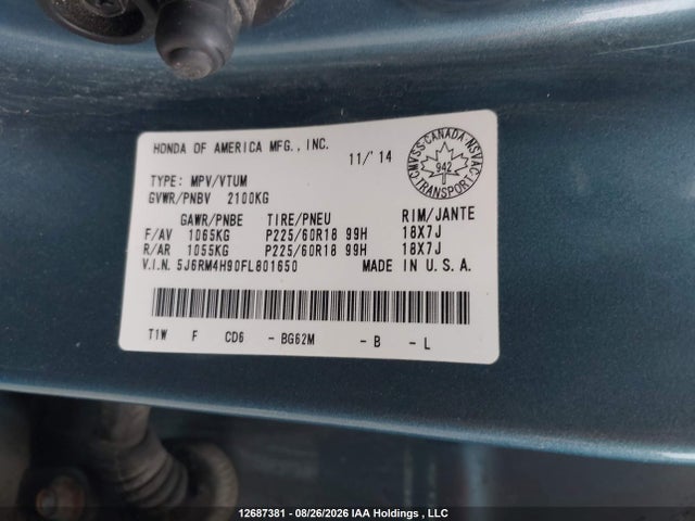 2015 Honda Cr-v მანქანა იყიდება აუქციონზე, vin: 5J6RM4H90FL801650, აუქციონის ნომერი: 12687381
