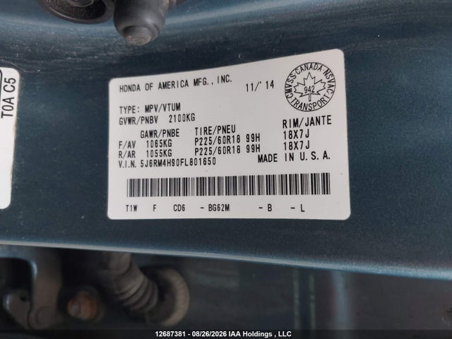 2015 Honda Cr-v მანქანა იყიდება აუქციონზე, vin: 5J6RM4H90FL801650, აუქციონის ნომერი: 12687381