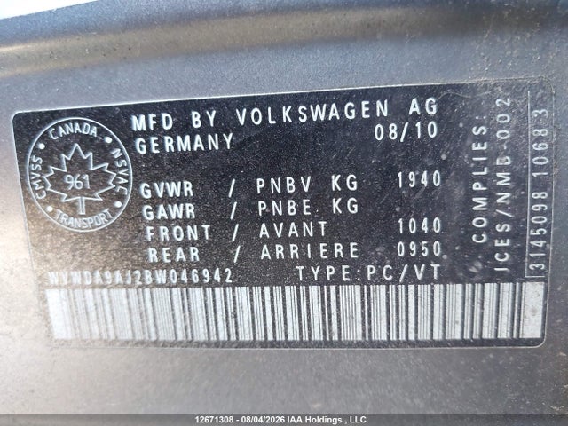 Продажа на аукционе авто 2011 Volkswagen Golf 2.5l Highline/2.5l Trendline/comfortline/sportline, vin: WVWDA9AJ2BW046942, номер лота: 12671308