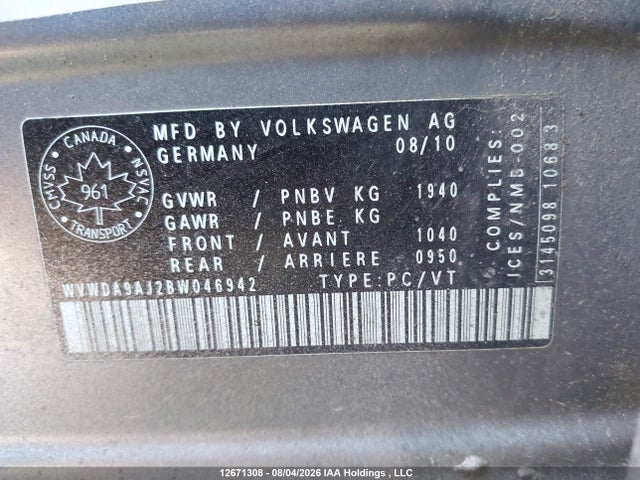 Продажа на аукционе авто 2011 Volkswagen Golf 2.5l Highline/2.5l Trendline/comfortline/sportline, vin: WVWDA9AJ2BW046942, номер лота: 12671308