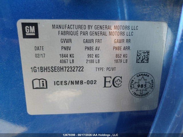 1G1BH5SE8H7232722 Chevrolet Cruze Lt Auto