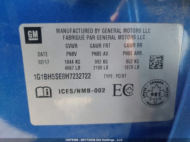 1G1BH5SE8H7232722 Chevrolet Cruze Lt Auto