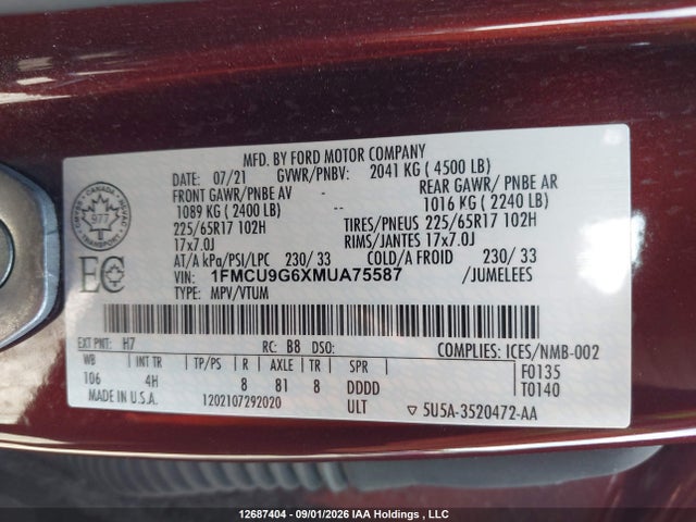12687404 :رقم المزاد ، 1FMCU9G6XMUA75587 vin ، 2021 Ford Escape Se مزاد بيع