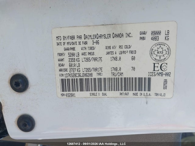 Продажа на аукционе авто 2006 Dodge Ram 2500 Laramie, vin: 1D7KS28C36J206208, номер лота: 12687412