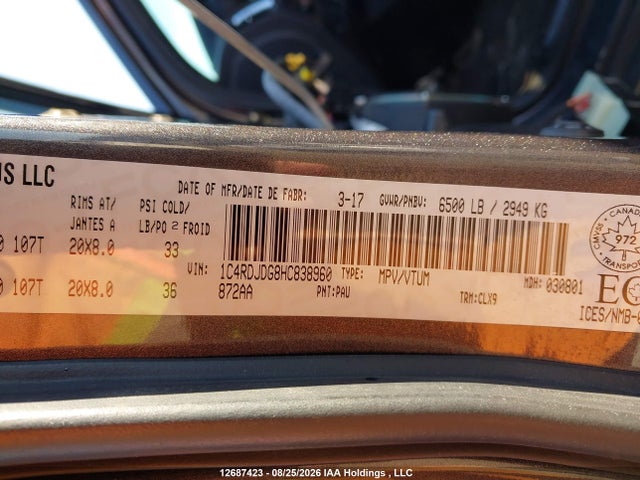 12687423 :رقم المزاد ، 1C4RDJDG8HC838960 vin ، 2017 Dodge Durango Gt مزاد بيع