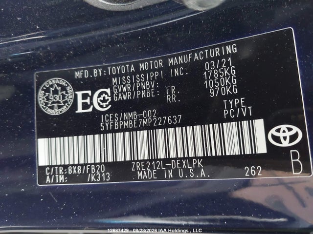 12687429 :رقم المزاد ، 5YFBPMBE7MP227637 vin ، 2021 Toyota Corolla Le مزاد بيع