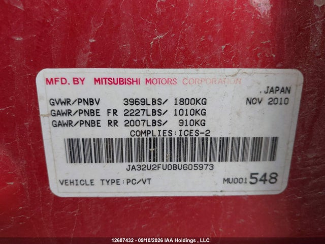 Aukcja sprzedaży 2011 Mitsubishi Lancer, vin: JA32U2FU0BU605973, numer aukcji: 12687432