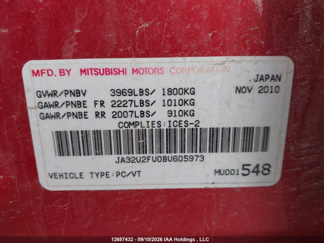 Aukcja sprzedaży 2011 Mitsubishi Lancer, vin: JA32U2FU0BU605973, numer aukcji: 12687432
