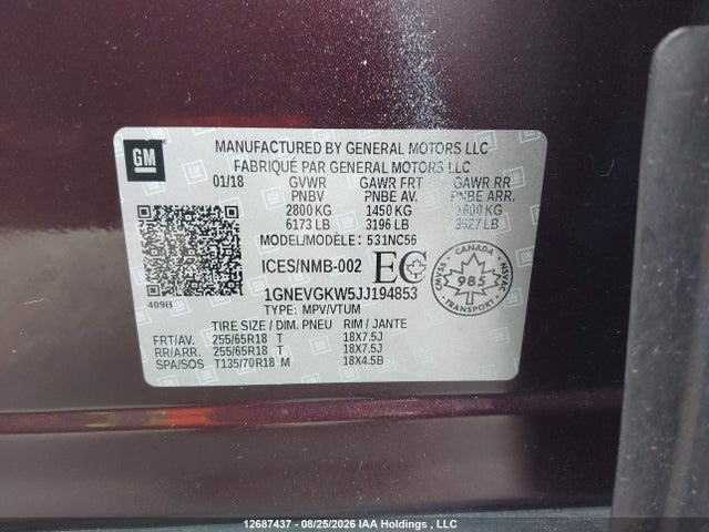 1GNEVGKW5JJ194853 Chevrolet Traverse Lt Cloth