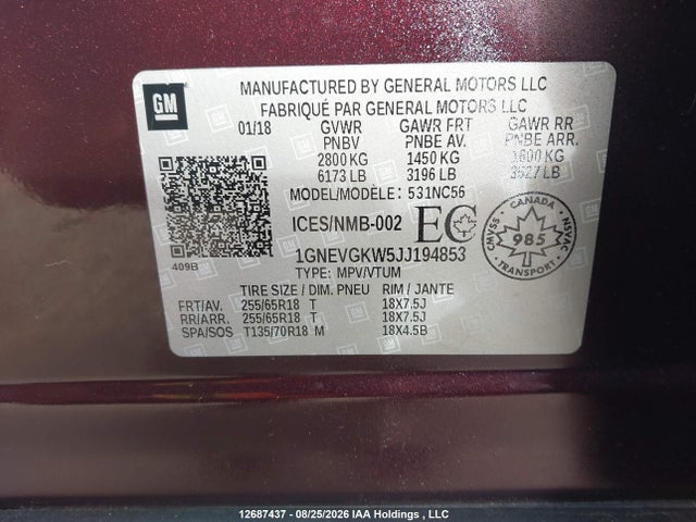 1GNEVGKW5JJ194853 Chevrolet Traverse Lt Cloth