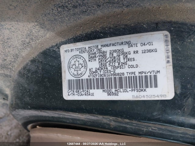 2001 Toyota Sienna Ce მანქანა იყიდება აუქციონზე, vin: 4T3ZF19C61U396828, აუქციონის ნომერი: 12687444