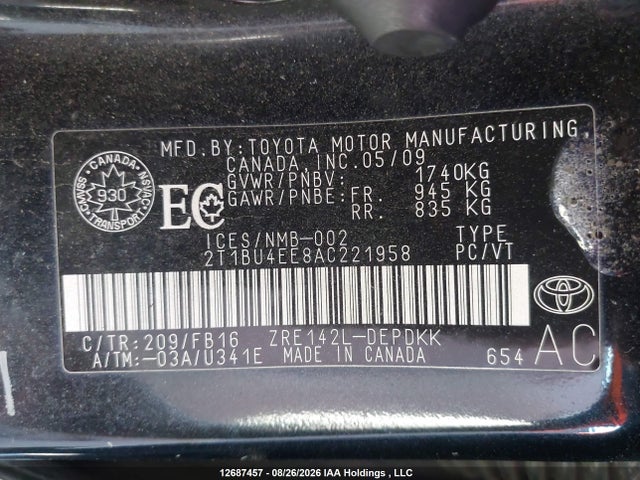 12687457 :رقم المزاد ، 2T1BU4EE8AC221958 vin ، 2010 Toyota Corolla Ce مزاد بيع