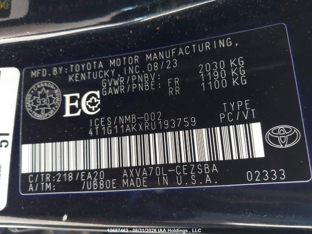 12687463 :رقم المزاد ، 4T1G11AKXRU193759 vin ، 2024 Toyota Camry Se مزاد بيع