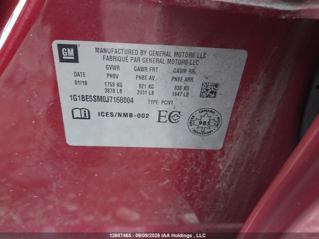 12687465 :رقم المزاد ، 1G1BE5SM0J7168004 vin ، 2018 Chevrolet Cruze Lt Auto مزاد بيع