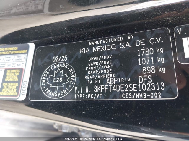 12687471 :رقم المزاد ، 3KPFT4DE2SE102313 vin ، 2025 Kia K4 Lx/lxs مزاد بيع